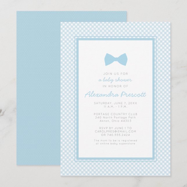 Invitation Baby shower avec noeud papillon bleu gingham (Devant / Derrière)