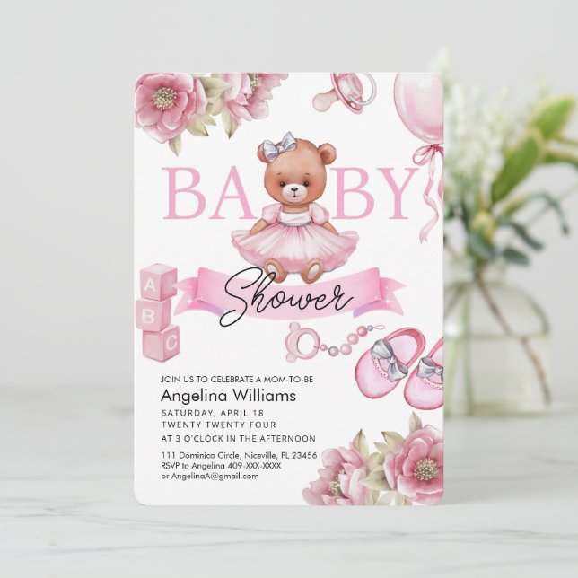Invitation baby shower avec ours en peluche. (Debout devant)