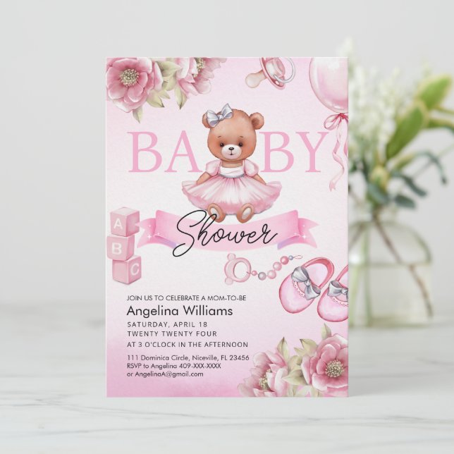 Invitation baby shower avec ours en peluche. (Debout devant)