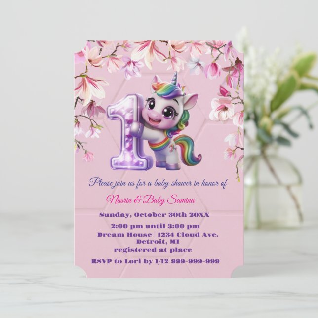 Invitation baby shower avec thème Unicorn (Debout devant)
