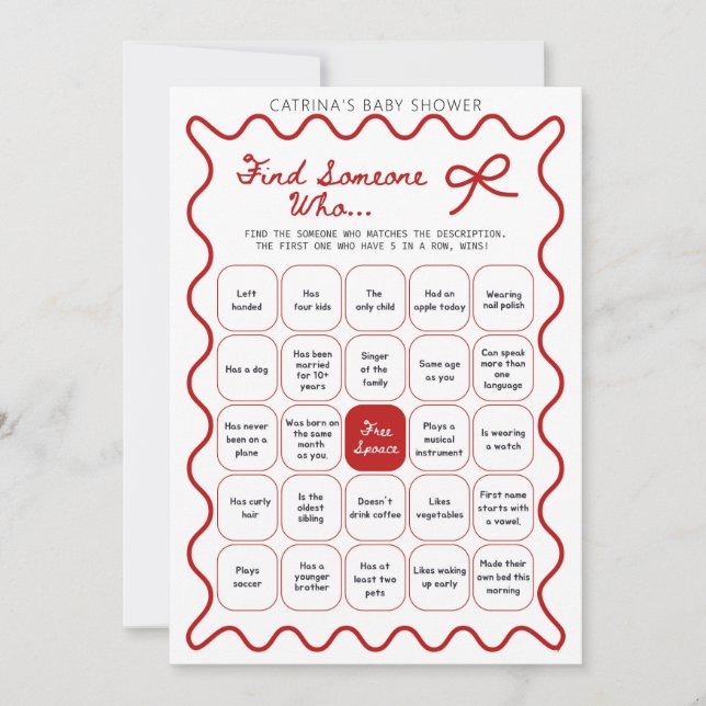 Invitation Baby-Shower avec un Nœud Rouge - Nom Modifiable, I (Devant)