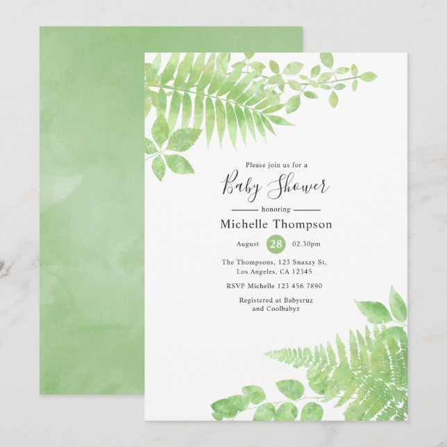 Invitation Baby-Shower avec verdure à l'aquarelle (Devant / Derrière)