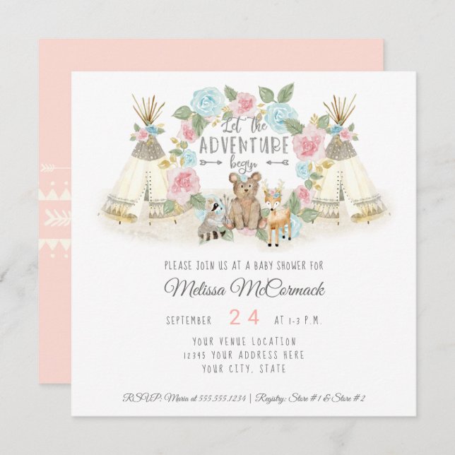 Invitation Baby shower Aventure Commencer Teepee Bear Deer Bl (Devant / Derrière)