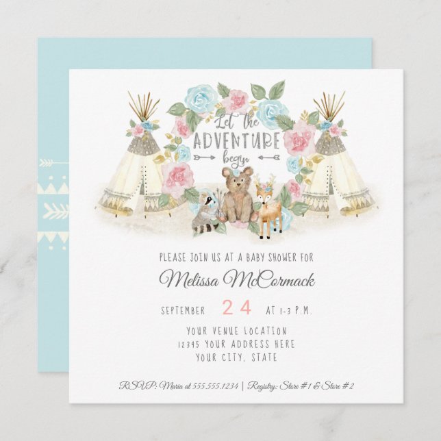 Invitation Baby shower Aventure Commencer Teepee Ours Cerf Bl (Devant / Derrière)