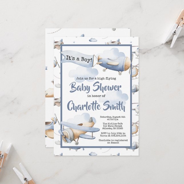 Invitation Baby shower avion (Devant/Arrière en situation)