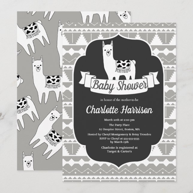 Invitation Baby shower aztèque gris et blanc moderne de lamas (Devant / Derrière)
