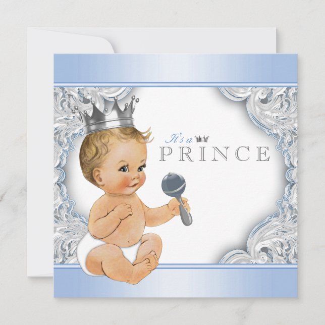 Invitation Baby Shower Baby Blue Silver Prince (Devant)