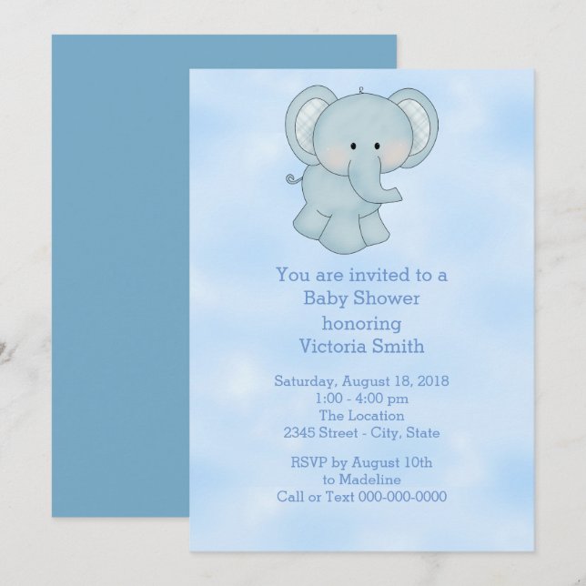 Invitation Baby shower Baby Boy Blue Elephant (Devant / Derrière)