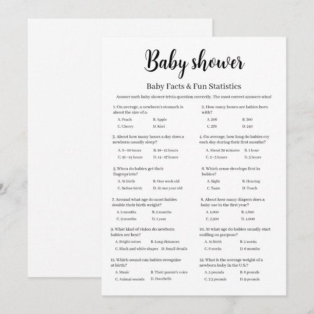 Invitation Baby Shower Baby Facts & Fun Statistics Game (Devant / Derrière)