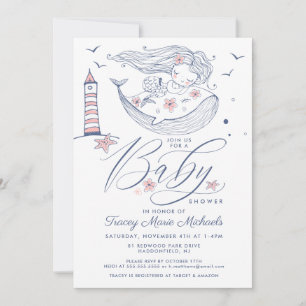 Invitation Baby shower   Baby Girl Whale Mermaid Beach