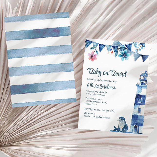 Invitation Baby shower "Baby on board" de la jolie marine (Cute Navy "Baby on Board" Baby Shower Invitation on a sunny neutral dry palm leaf.)