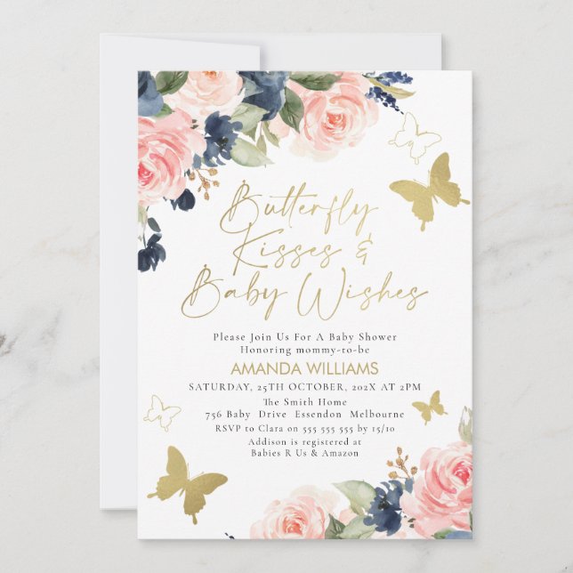 Invitation Baby shower Baisers à papillon bleu rose  (Devant)