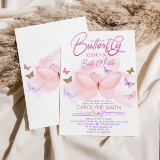 Invitation Baby shower Baisers à papillon rose et or violet