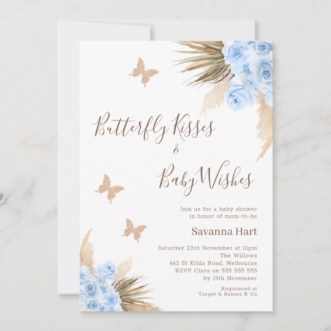 Invitation Baby shower Baisers Floral Boho bleu (Devant)