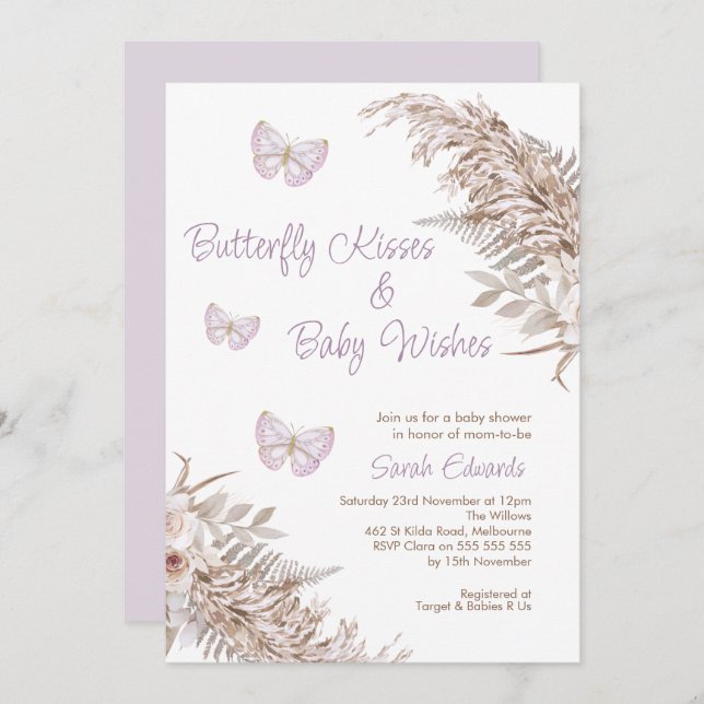 Invitation Baby shower Baisers floraux Lavender Boho (Devant / Derrière)