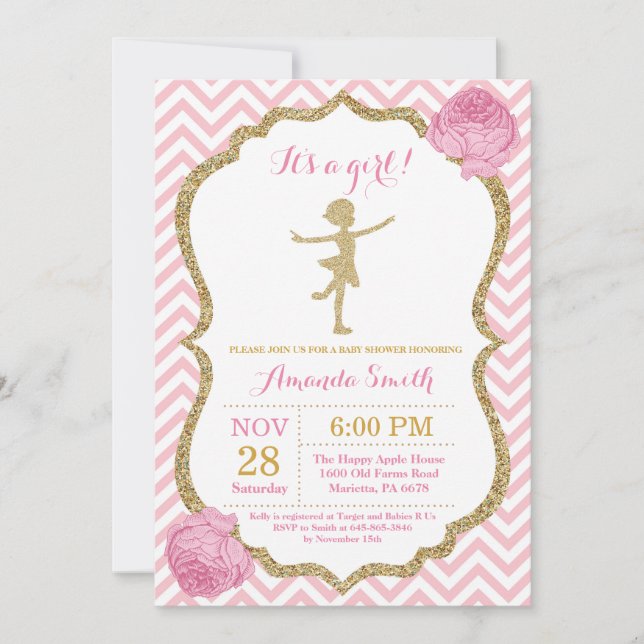 Invitation Baby shower Ballerina Parties scintillant rose et  (Devant)