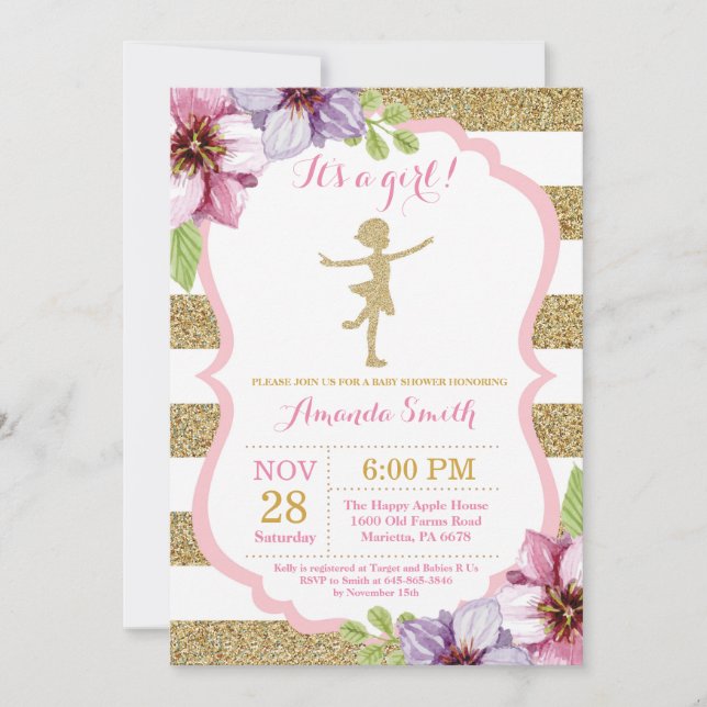 Invitation Baby shower Ballerina Parties scintillant rose et  (Devant)