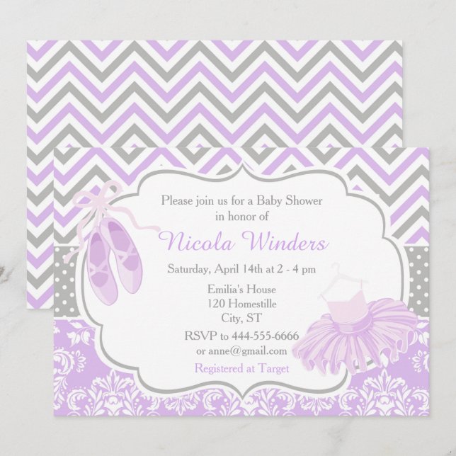 Invitation Baby shower Ballerina violet et gris Chevron (Devant / Derrière)