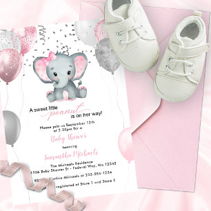 Invitation Baby shower Ballons de fille Eléphante mignonne