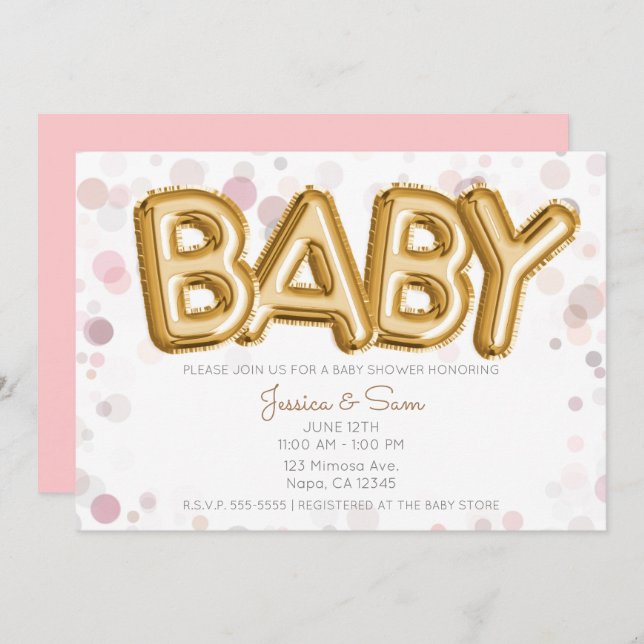 Invitation Baby shower Ballons d'or Moderne Chic rose (Devant / Derrière)