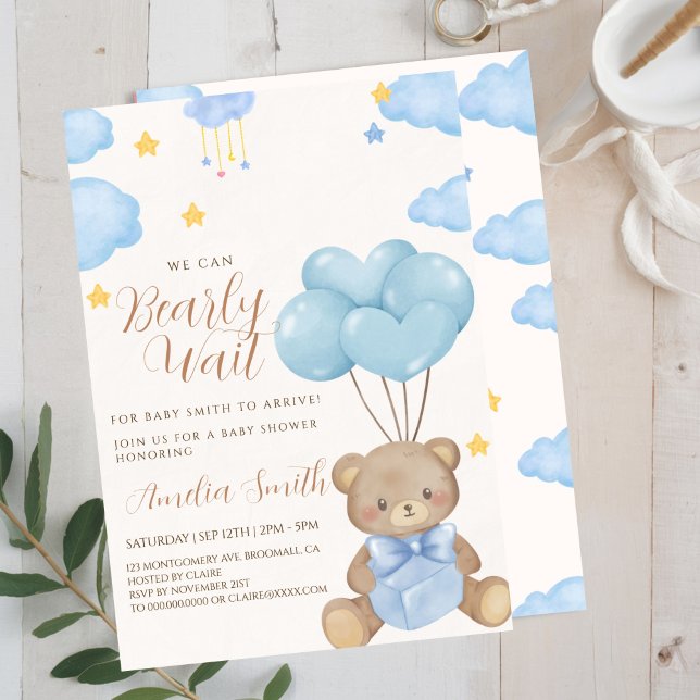 Invitation Baby shower Ballons Teddy Bear Blue Tan (Créateur téléchargé)