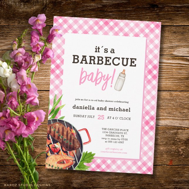 Invitation Baby Shower Barbecue au Vichy Rose Rustique (Front of the invitation is shown in 5x7-inch. Choose size, paper, and corner style.)