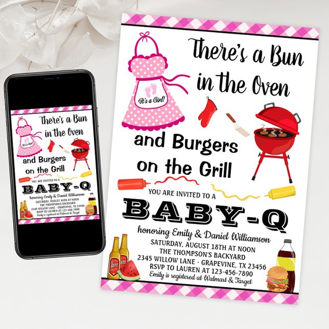 Invitation Baby Shower Barbecue Rose Fille (Girl BABY-Q baby shower invitation. Bun in the oven baby shower invitation. Print or Download.)