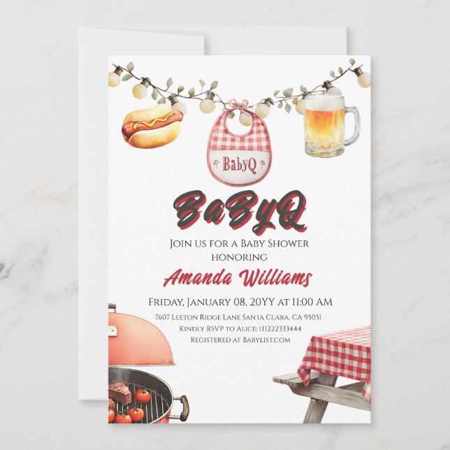 Invitation Baby shower barbecue rouge rustique BabyQ (Devant)