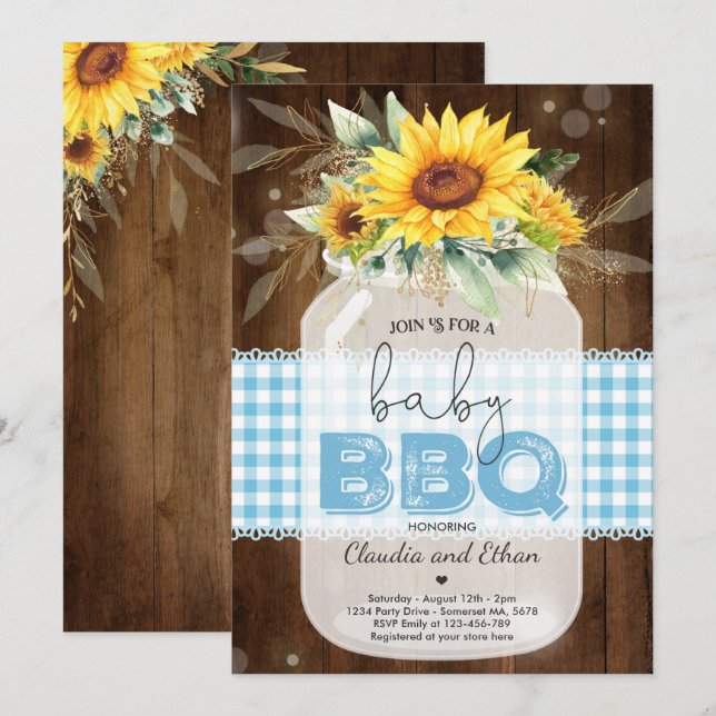 Invitation Baby shower barbecue Sunflower Baby Q Douche pour  (Devant / Derrière)