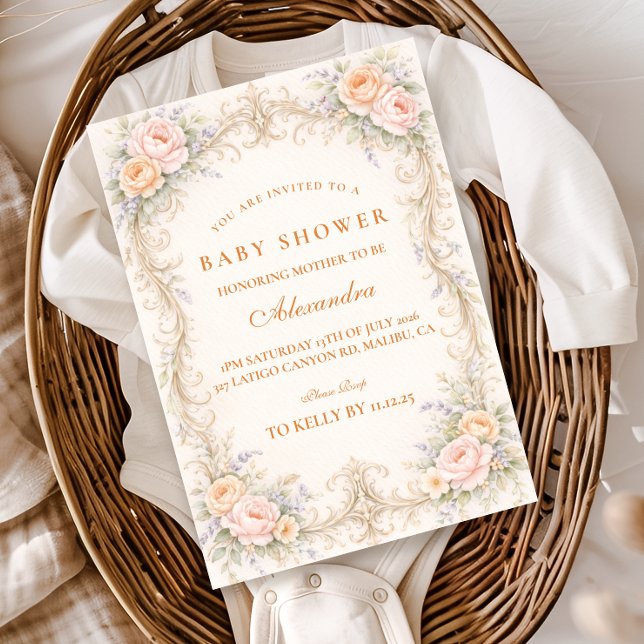Invitation Baby Shower Baroque Rose Pêche Rouge (Créateur téléchargé)
