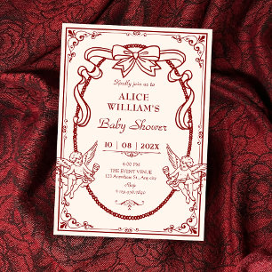 Invitation Baby shower baroque ruban rouge artistique vintage
