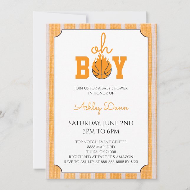 Invitation Baby Shower Basket-ball Rayures Orange (Devant)