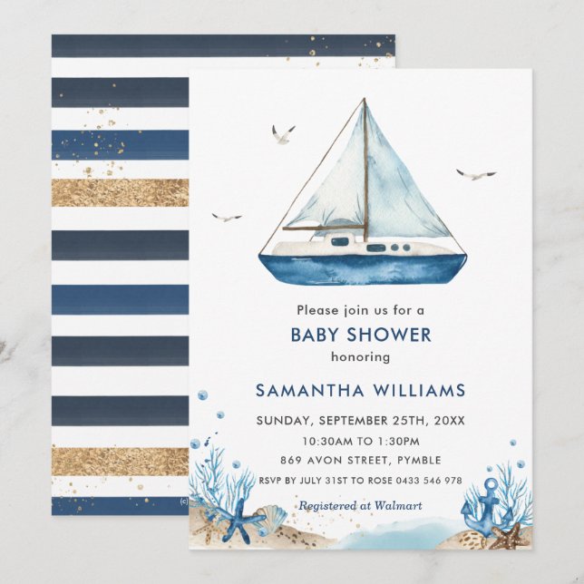 Invitation Baby Shower Bateau Bleu Nautique (Devant / Derrière)