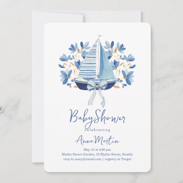 Invitation Baby Shower Bateaux Bleus & Rubans (Devant)