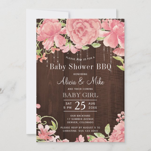 Invitation Baby shower BBQ arrière-cour rose rustique bébé fi (Devant)