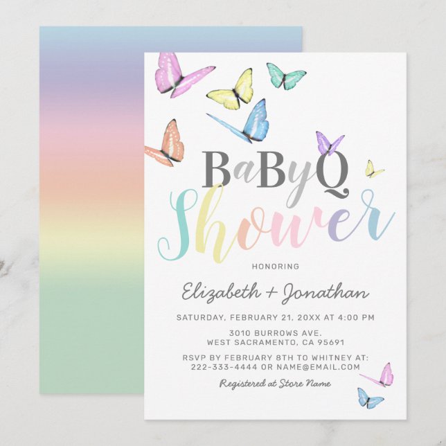 Invitation Baby Shower BBQ | Barbecue Arc-en-ciel Pastel (Devant / Derrière)