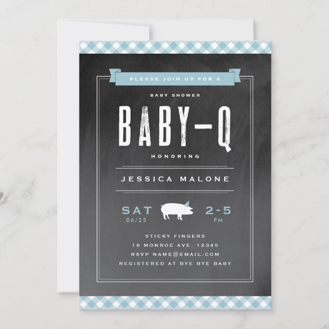Invitation Baby Shower BBQ Bébé Gingham Bleu (Devant)