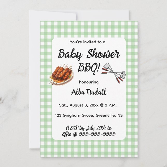 Invitation Baby Shower BBQ Editable Gingham Vert (Devant)