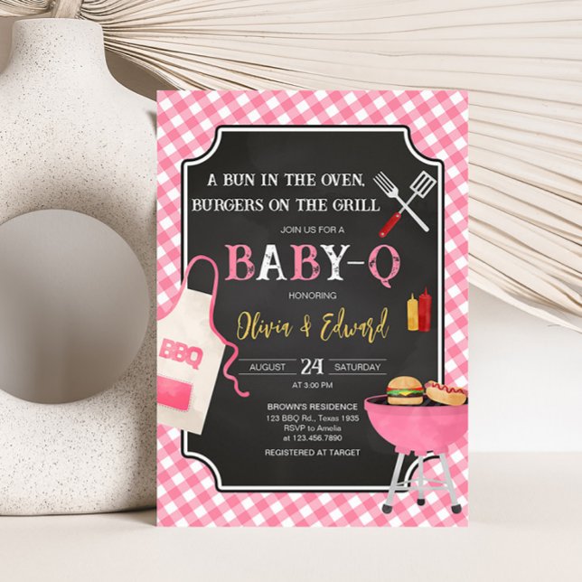 Invitation Baby Shower BBQ Gingham Rose  (Girl Baby-Q Baby Shower Invitation)