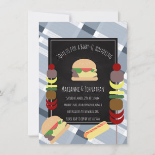 Invitation Baby shower BBQ Jardin Alimentation Plaid Bleu
