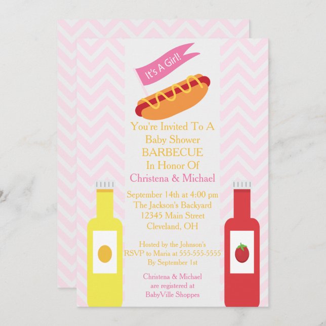 Invitation Baby shower BBQ Pink Chevron Hotdog (Devant / Derrière)