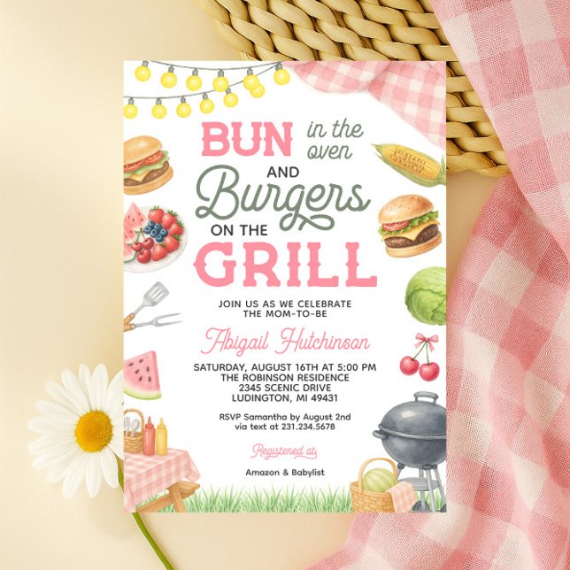 Invitation Baby shower BBQ Rose - Bun dans le four (Pink BBQ Baby Shower Invitation - Bun in the Oven)