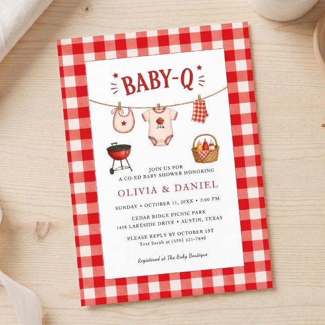 Invitation Baby Shower BBQ Rustique Gingham Rouge (Bbq Baby Shower Rustic Red Gingham Invitation)