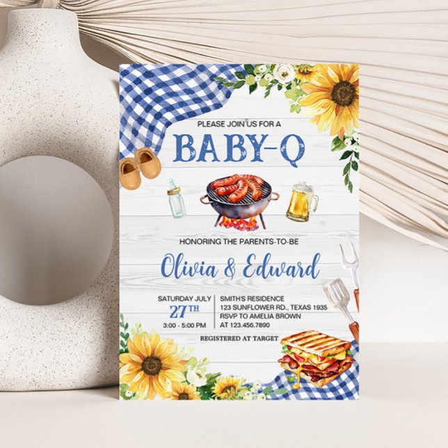 Invitation Baby shower BBQ Sunflower bleu (Boy Picnic Backyard Baby Shower Invitation)