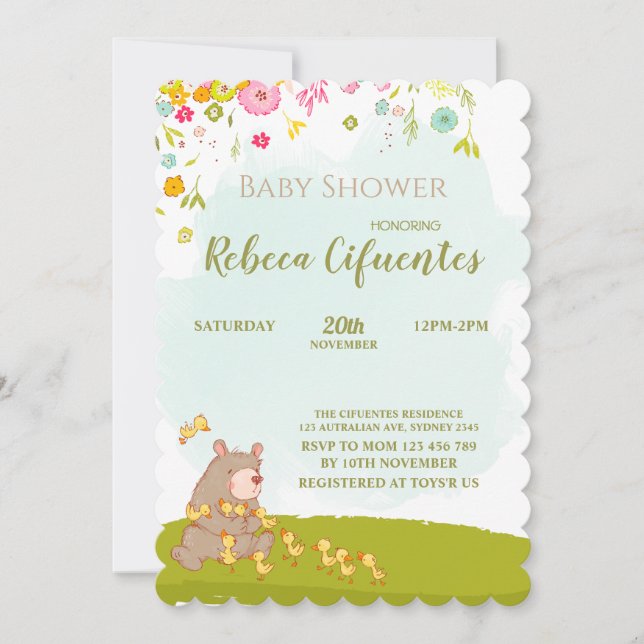 Invitation Baby Shower Bear and duckies (Devant)