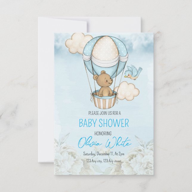 Invitation Baby shower Bear Balloon, On Peut Attendre (Devant)