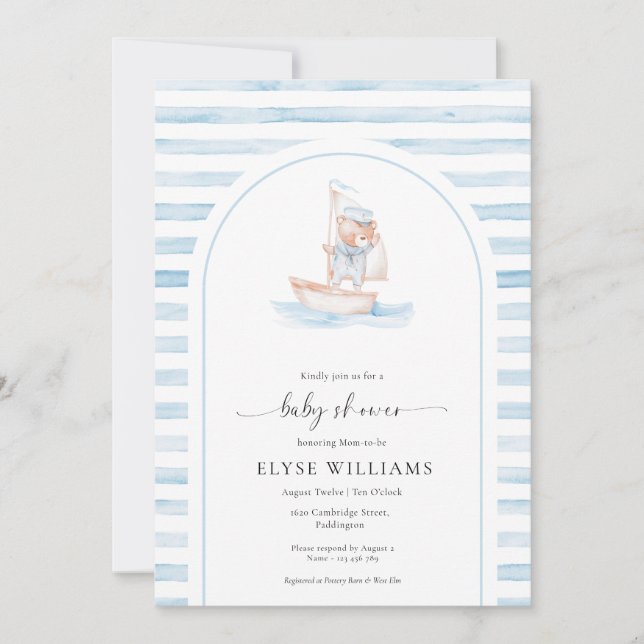 Invitation Baby shower Bear Bleu Stripe (Devant)