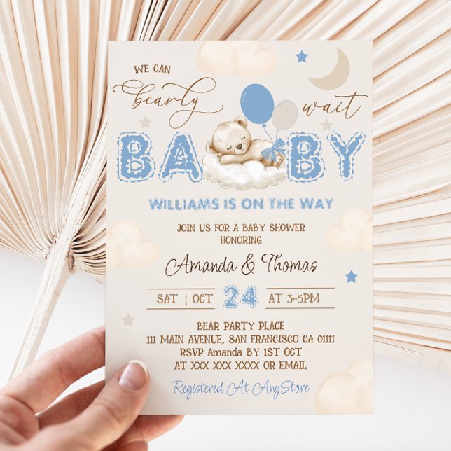 Invitation Baby shower Bear Blue Bearly Wait Boy (Créateur téléchargé)