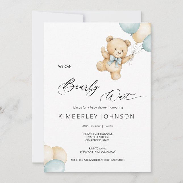 Invitation Baby shower Bearly Wait Teddy Bear & Baloons (Devant)