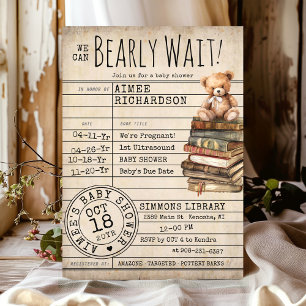 Invitation Baby shower Bearly Wait Vintage Library Card Books